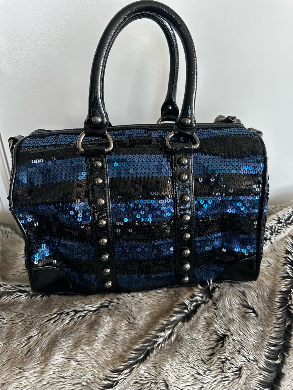 Betsey Johnson, Sequined Black & Blue Satchel Handbag - Picture 3 of 7